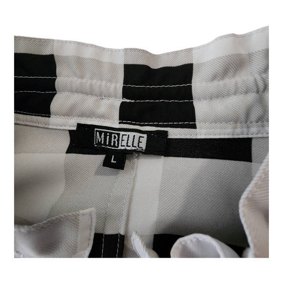MiRELLE Black & White Contrast Striped & Plaid Ruffle Stand Collar Blouse Size L - Picture 3 of 11